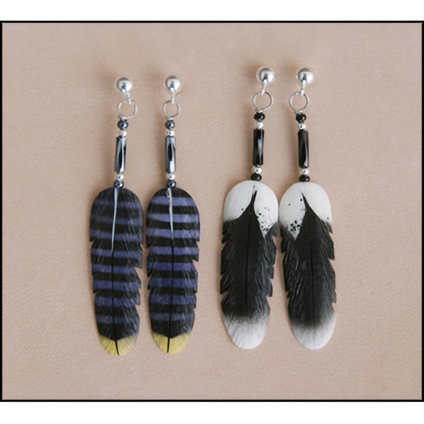 Bone Feather Earrings - Peregrine Falcon & Harris' Hawk - Hand Carved